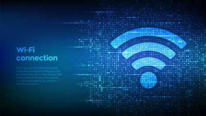 Wall Mural - Wi-Fi network icon. Wi Fi sign made with binary code. Wlan access, wireless hotspot signal symbol. Mobile connection zone. Data transfer. Router or mobile transmission. Vector illustration.