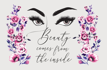 Wall Mural - Eyebrow and eyelash of woman, flower rose branch, beauty salon quote. Vector fashion illustrations. Beautiful graphic on white background. Design for logo, t shirt and uniform for beauty salon.