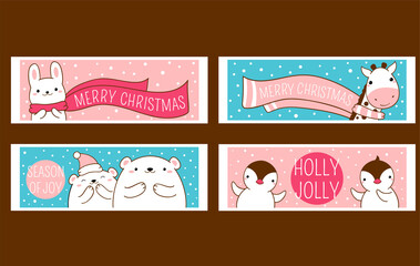 Wall Mural - Set of Christmas horizontal banners with cute animals