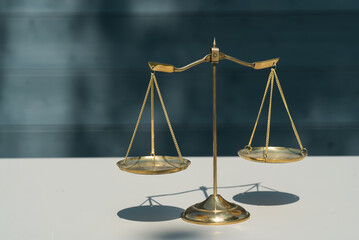 Poster - Law and Justice, Legality concept, Justice scale on a wooden background,