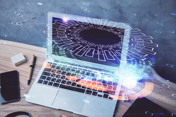double exposure of desktop computer and technology theme hologram. concept of software development.