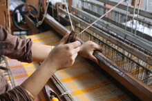 Handloom Weaver In India Working In Her Loom