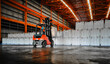 Forklift intake jumbo bags of cargo tapioca starch into warehouse. Bulk sugar cargo handling in bags.
