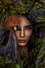 Beautiful woman portrait with bird and flowers