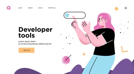 Presentation slide template or landing page website design. Business concept illustrations. Modern flat outline style. Software development tools