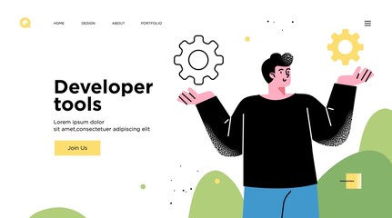 Presentation slide template or landing page website design. Business concept illustrations. Modern flat outline style. Software development tools