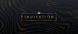 Luxury style template invitation. Golden caption in frame with crown on a abstract black striped background with golden halftone. Design for greeting, invitation, ticket or flyer. Vector illustration.