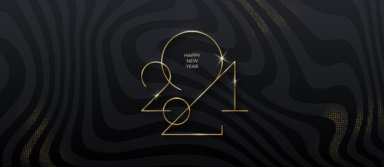 Golden 2021 New Year logo on black striped background with glitter gold. Holiday greeting card. Vector illustration. Holiday design for greeting card, invitation, calendar, etc.
