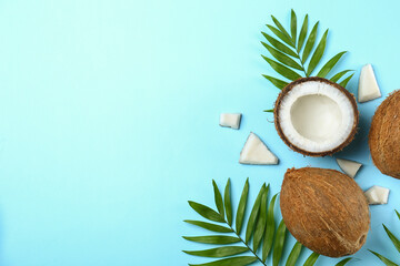 Wall Mural - Top view shot of coconuts, whole and cracked on halves on paper textured background with a lot of copy space for text. Background with raw fruit of tropical palm. Flat lay.