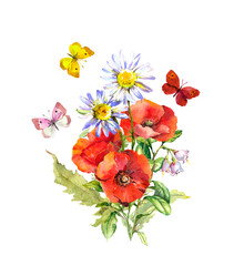 Wall Mural - Butterflies at bouquet with flowers. Floral summer composition - poppies, chamomile flower. Watercolor