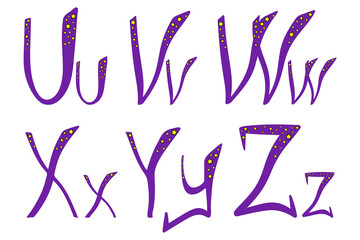 Magician alphabet for halloween. Latin uppercase and lowercase hand-drawn lettering. U, V, W, X, Y, Z letters for your design, banner, logo, type, card, poster. 