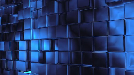 Abstract blue metallic Cubes Background. Metal cube pattern wall. 3D rendering. Projection Mapping element with moving cubic surface. 4k Seamless loop