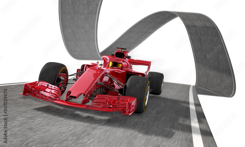 red f1 racecar on a wired track 1 - obrazy, fototapety, plakaty 