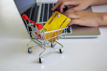 Internet online shopping concept with laptop and shopping-cart.