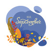 © MySunShine - Monthly calendar page with hand drawn text Hello September. Colorful autumn card or background with yellow falling leaves - grass and berries. Vector illustration.