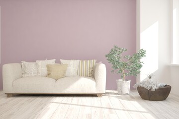 White modern room with sofa. Scandinavian interior design. 3D illustration