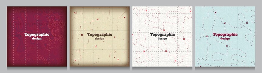 Vector illustration. Topographic cover concept. Set of minimal design banner for print. Vintage color. Old fashion style. Retro poster graphic. Map with marks and trails. Line art pattern