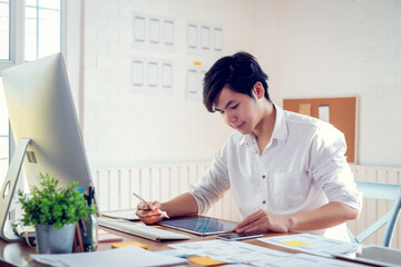 Wall Mural - designer men planning develop application develop for mobile phone.