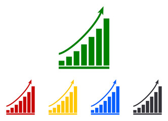 Graph of grow. Chart with arrow up. Icon of growth benefit. Increase gain sales. Graphic rise profit. Increment economy, money. Bar for statistic measure of finance, business. Concept success. Vector