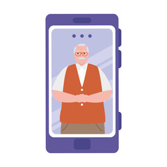 Wall Mural - smartphone video call, old man in conference video call online vector illustration design