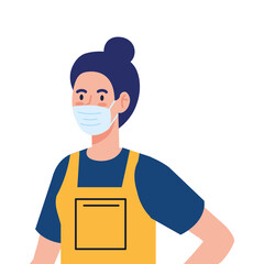 Sticker - woman worker of cleaning service wearing medical mask, on white background vector illustration design