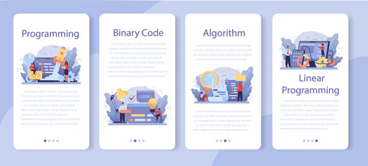 IT education mobile application banner set. Student write software