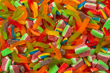 Assorted gummy candies. Top view. Jelly  sweets background.