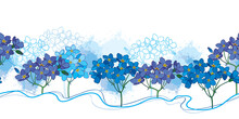 Horizontal Seamless Pattern With Outline Forget Me Not Or Myosotis Flower Bunch In Pastel Blue On The White Background.