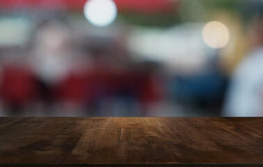 Wood Table Top in Blur Background room interior with empty copy space.