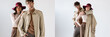 © LIGHTFIELD STUDIOS - collage of young couple posing in fashionable autumn clothes on grey, horizontal image