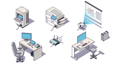 Wall Mural - Isometric office, network and IT equipment