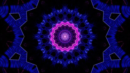 Wall Mural - Digital illustration of purple neon lights in a symmetrical mandala shape on a black background