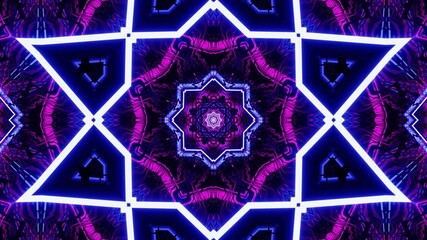 Sticker - Digital illustration of purple neon lights in a symmetrical mandala shape on a black background