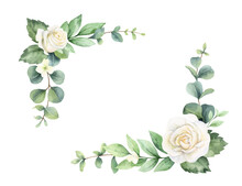 Watercolor Vector Hand Painted Wreath With Green Eucalyptus Leaves And White Roses.