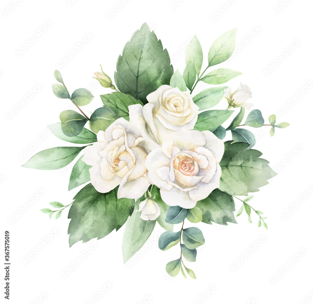 Watercolor vector hand painted bouquet with green eucalyptus leaves and ...