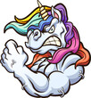 Strong angry unicorn mascot flexing its arm. Vector clip art illustration with simple gradients. All on a single layer. 
