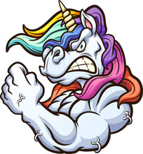 Strong Angry Unicorn Mascot Flexing Its Arm. Vector Clip Art Illustration With Simple Gradients. All On A Single Layer. 

