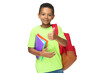 © 5second - Young African American school boy with notepads and backpack on white background