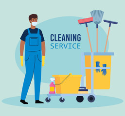 Poster - man afro worker of cleaning service wearing medical mask, with cleaning trolley with equipment icons vector illustration design