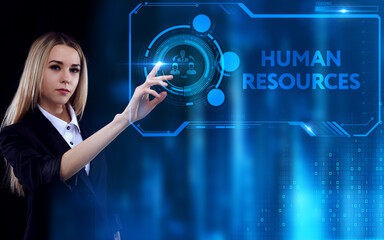 Business, Technology, Internet and network concept. Young businessman working on a virtual screen of the future and sees the inscription: Human resources