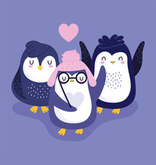 Poster - cute penguins warm hat glasses hearts love bird animal cartoon wildlife