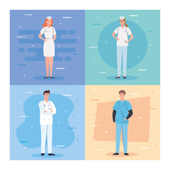 Sticker - medical team and staff, nurses and doctor men vector illustration design