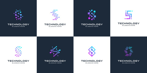 Collection of letter S abstract logo design symbol letter mark technology, dot, computer, data, internet.