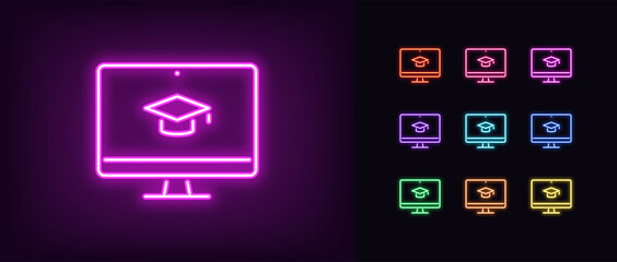 Wall Mural - Neon online education icon. Glowing neon webinar sign, digital study