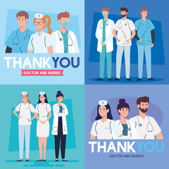 Sticker - set of scenes, thank you doctor and nurses working in hospitals, fighting the coronavirus covid 19 vector illustration design