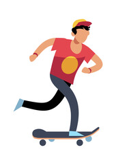 Wall Mural - Young man on skateboard. Young character skater guy skating on board. Outdoor activities, extreme sport, healthy leisure lifestyle. Flat vector cartoon isolated illustration