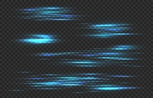 Light Speed Lines. Car Fast Motion Trail Effect, Horizontal Neon Linear Glow. Laser Stream, Quick Movement, Power Tails Isolated Vector Set