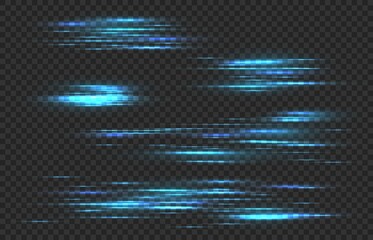 Light speed lines. Car fast motion trail effect, horizontal neon linear glow. Laser stream, quick movement, power tails isolated vector set