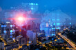 Hologram of Earth planet map on night panoramic cityscape of Kuala Lumpur, Malaysia, Asia. The concept of international companies in KL. Multi Exposure.