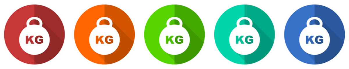 Aufkleber - Kilogram icon set, kilo, kg, weight, red, blue, green and orange flat design web buttons isolated on white background, vector illustration
